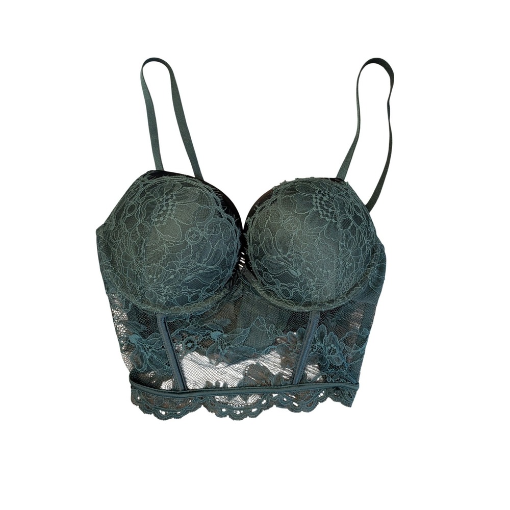 Victoria's Secret Bustier Top Womens 36B Green Very Sexy Lace Push Up Longline